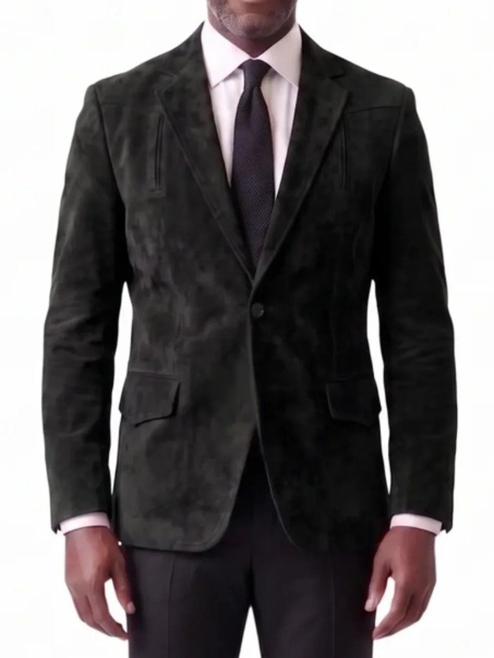 Solid Black Suede Notch Lapel Slim Fit Men's Jacket